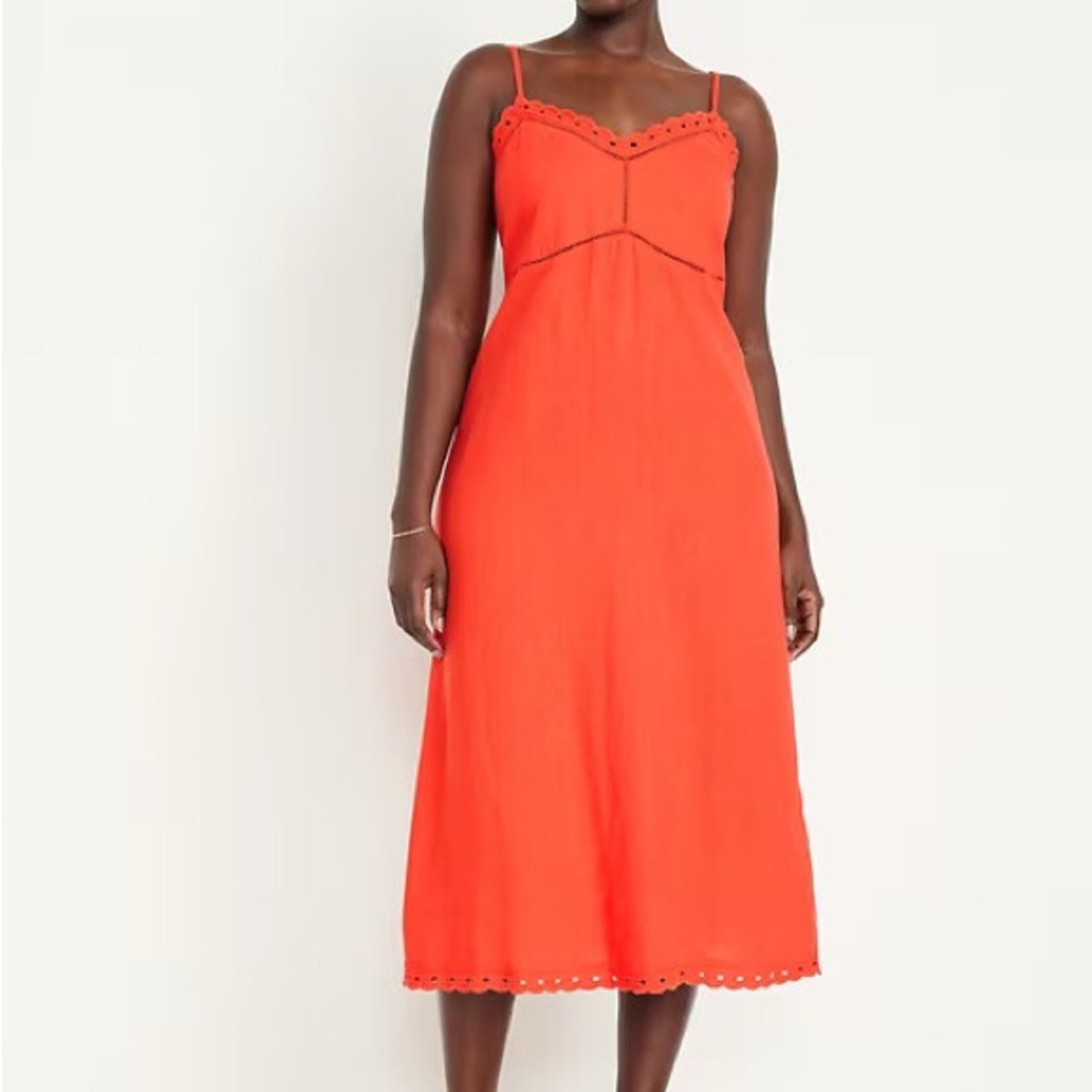Old Navy Dress Women’s XS Orange Linen Blend Midi Smocked Eyelets